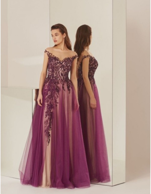 Aubergine long party dress with tulle layers
