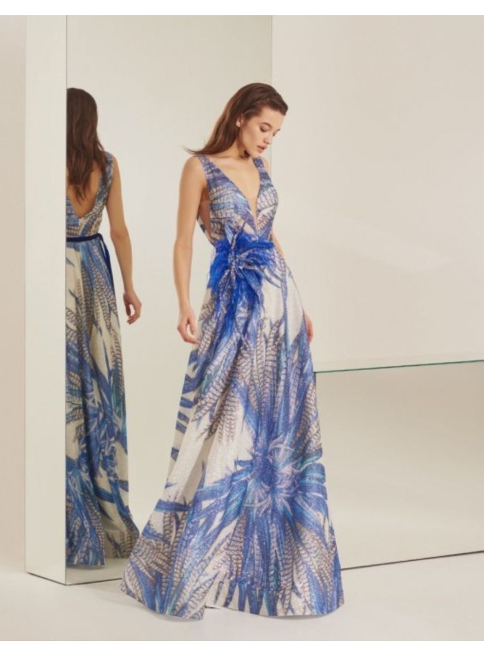 Robe longue de fête imprimé tropical robe bleue...