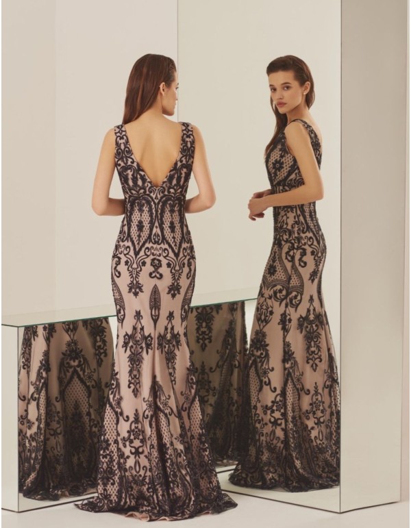 Robe longue de fête imprimée en dentelle noire 2