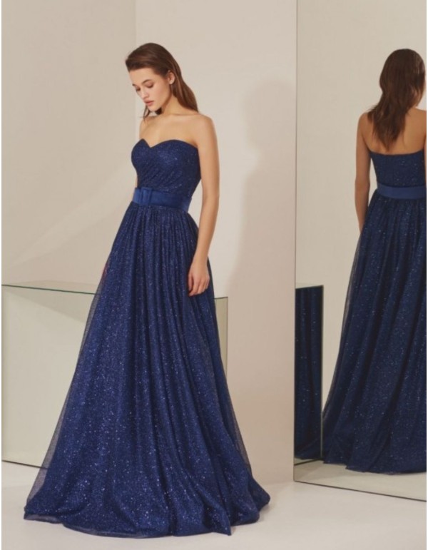 Long strapless evening blue party dress with glitter