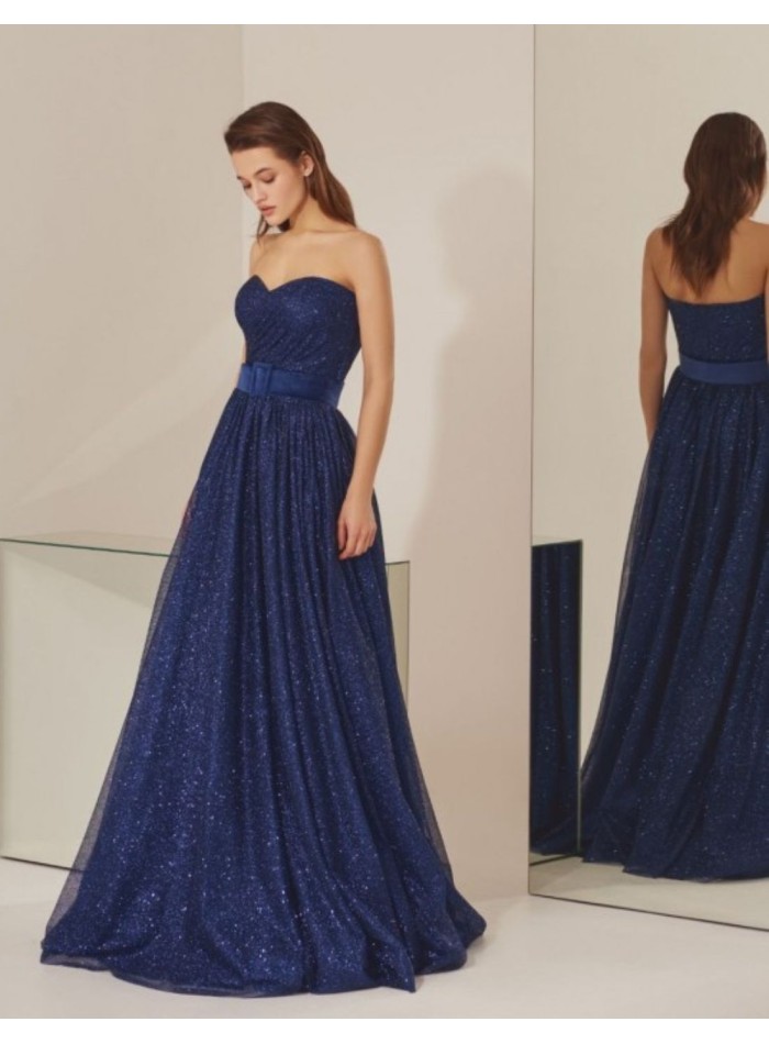 Robe longue de soirée bleue sans bretelles avec...