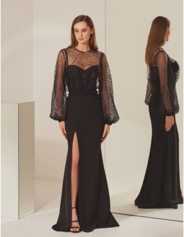 Long black evening dress with shoulder straps and side slit