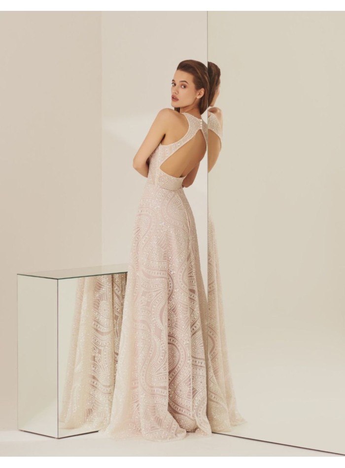 Long party dress with glitter lace and open back