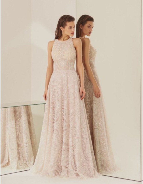 Long party dress with glitter lace and open back