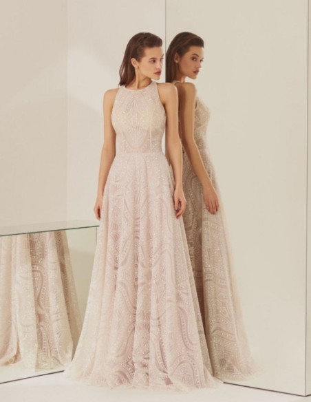 Long party dress with glitter lace and open back