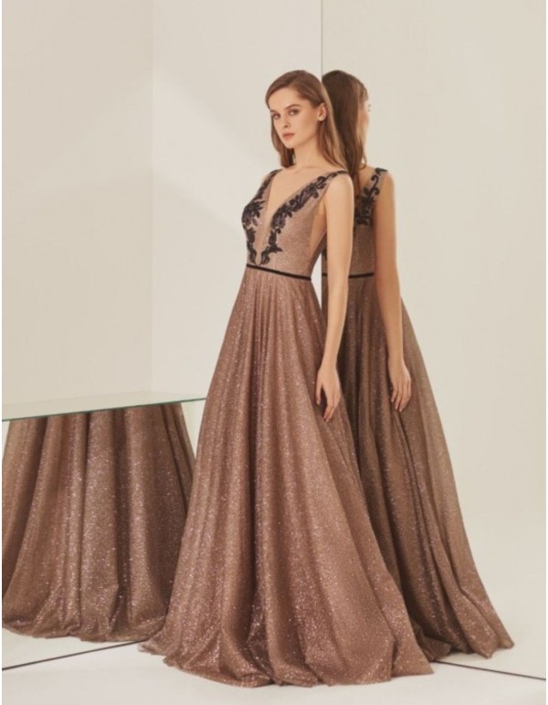 Long bronze party dress with black lace on the neckline