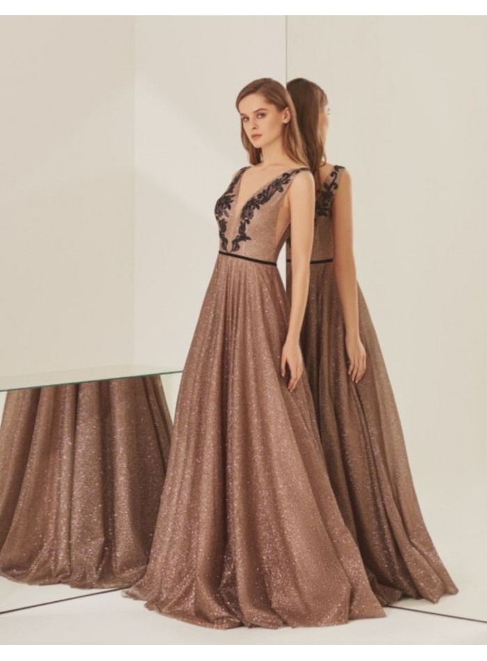 Long bronze party dress with black lace on the...