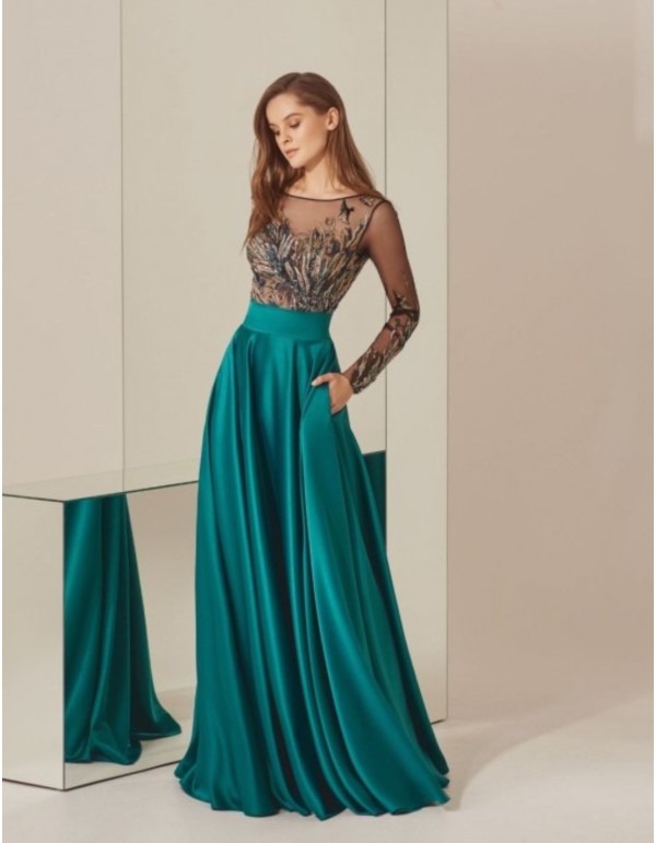 Turquoise rhinestone bodysuit and satin long skirt