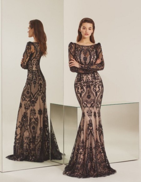 Robe longue de soirée, coupe sirène, avec dentelle noire