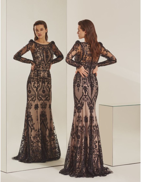 Mermaid cut long party dress with black lace 2