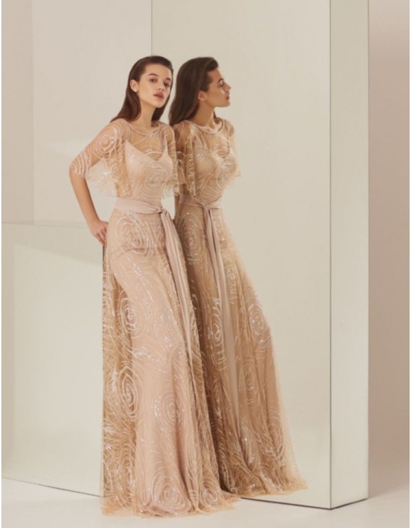 Robe longue de soirée nude avec sequins et Ceinture