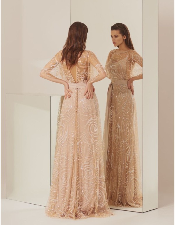 Robe longue de soirée nude avec sequins et Ceinture 2