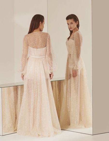 Short jumpsuit and long jacket with glitter