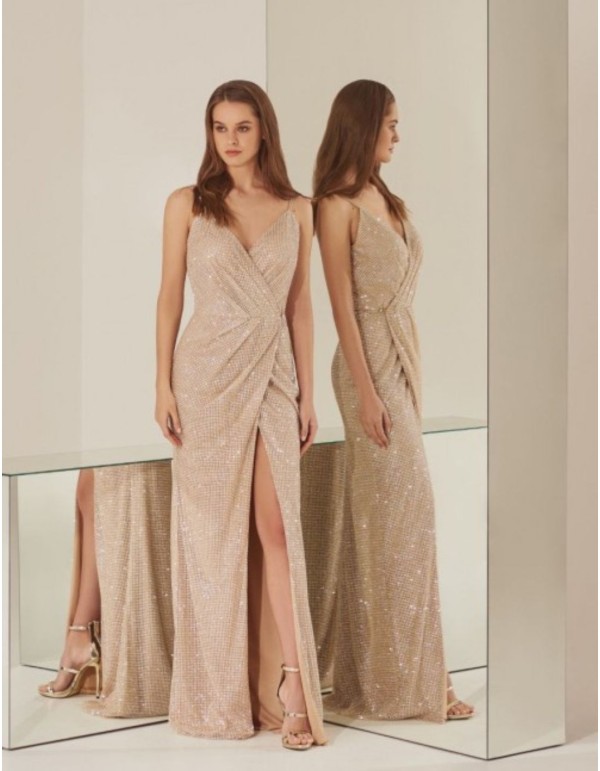 Gold party dress long cross over dress with slit