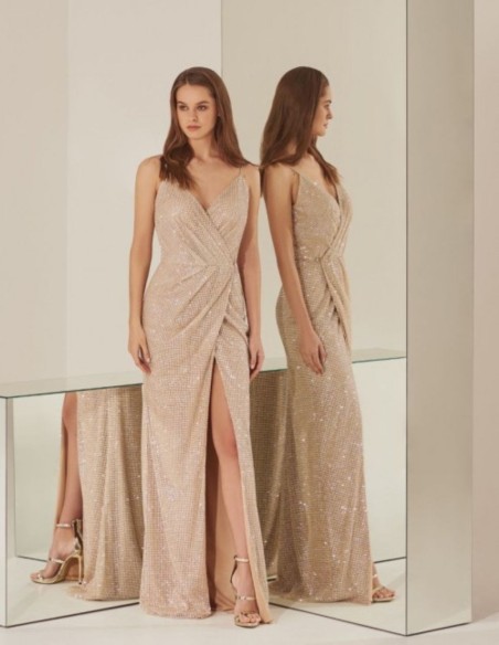 Robe longue croisée avec fente, robe de soirée dorée