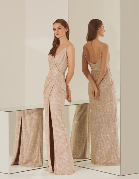 Gold party dress long cross over dress with slit