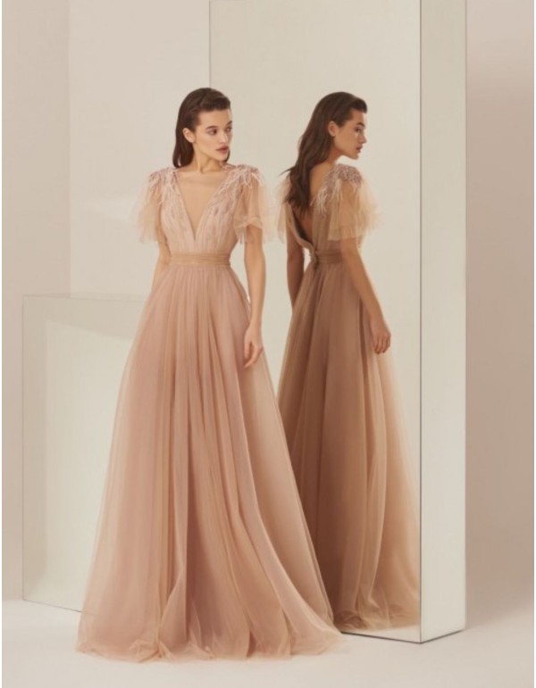 Robe longue de fête en tulle rose poudré