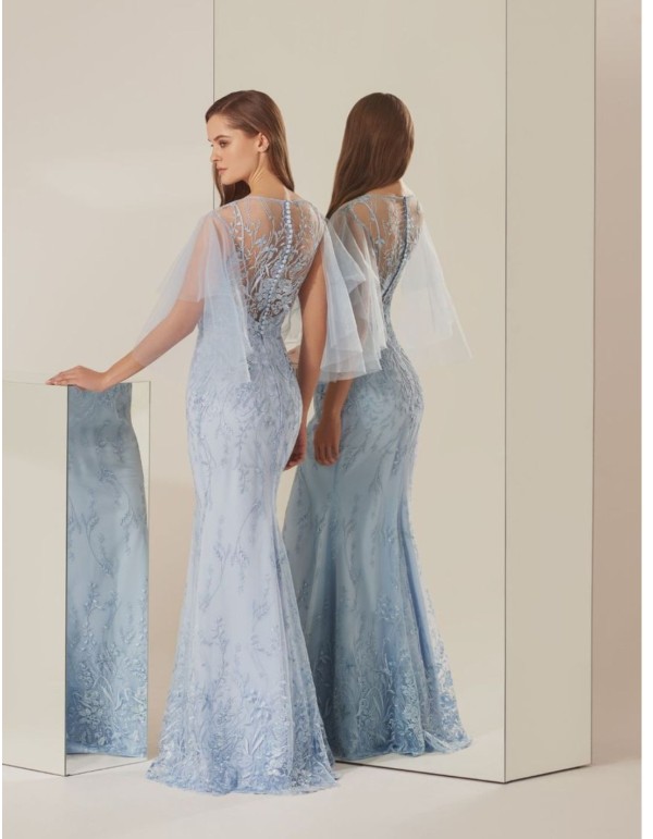 Robe de soirée bleu clair avec dentelle et manches... 2