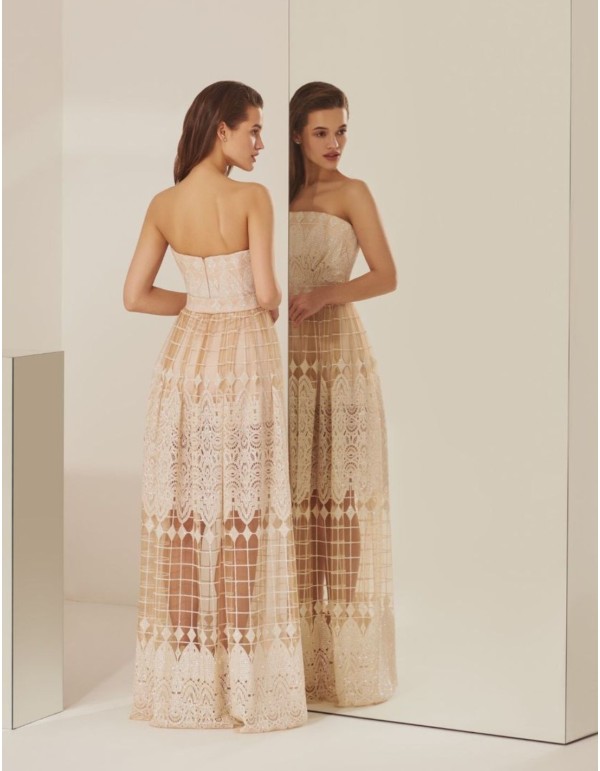 Nude long party dress with strapless neckline 2