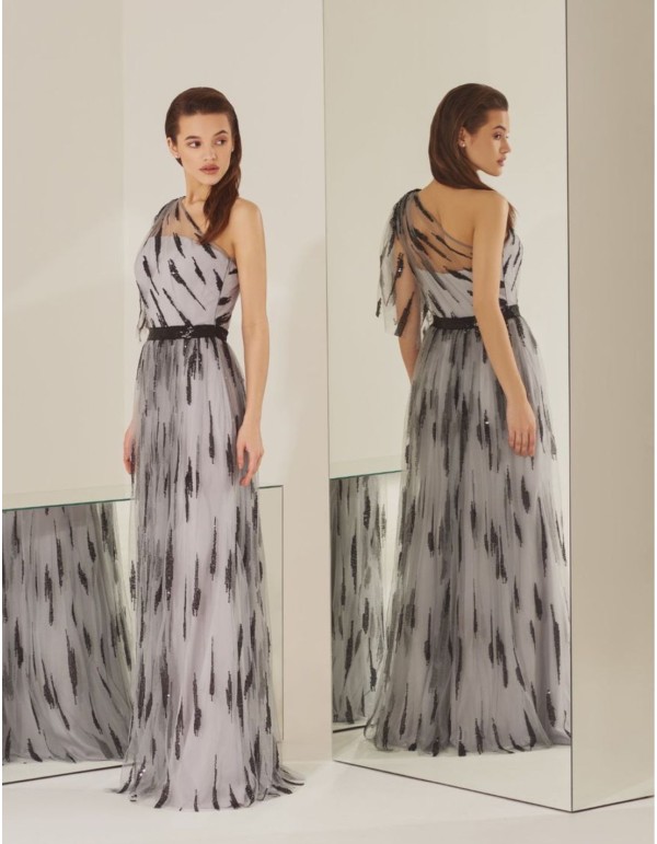 Asymmetrical long party dress with printed tulle