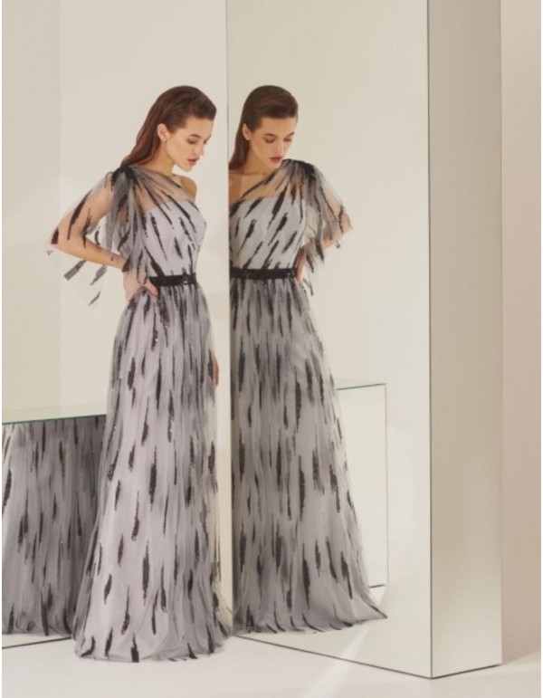 Vestido largo de fiesta asimétrico con tul estampado 2