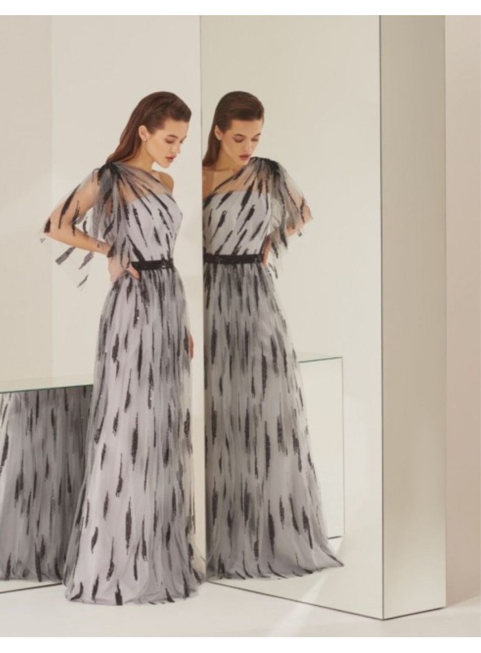 Robe longue asymétrique avec tulle imprimé