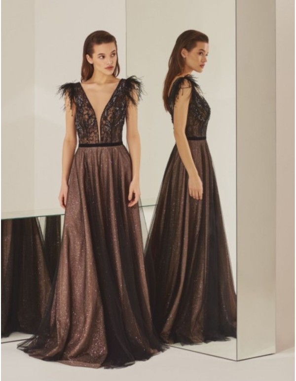 Robe longue noire en tulle avec plumes sur les épaules