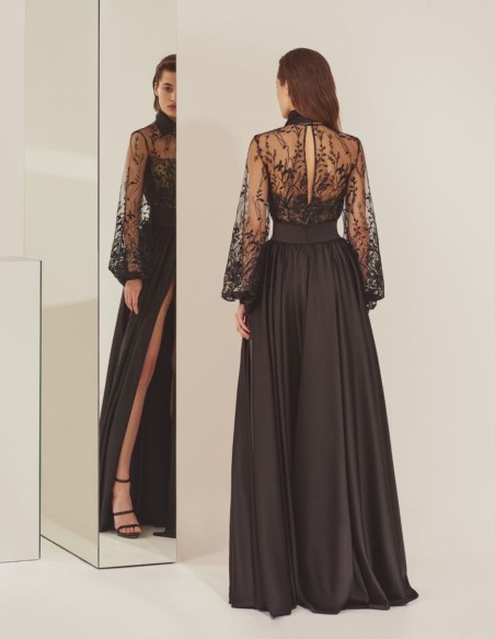 Black party bodysuit with long side slit skirt