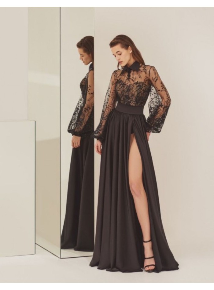 Black party bodysuit with long side slit skirt