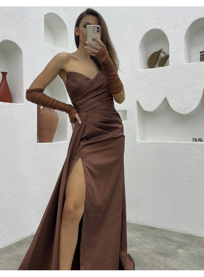 Strapless long evening dress with sleeves