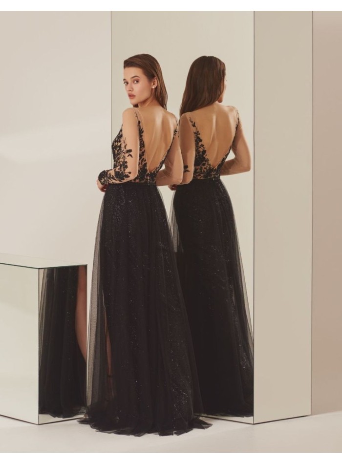Black evening dress with lace bodice