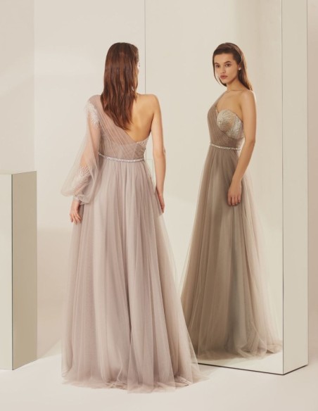 Asymmetric long party dress with tulle skirt