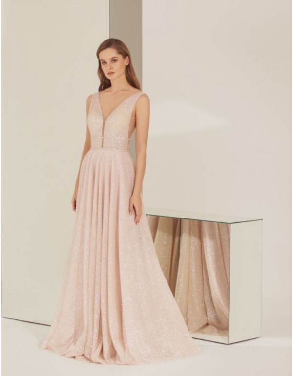 Robe longue de fête avec encolure et jupe scintillantes