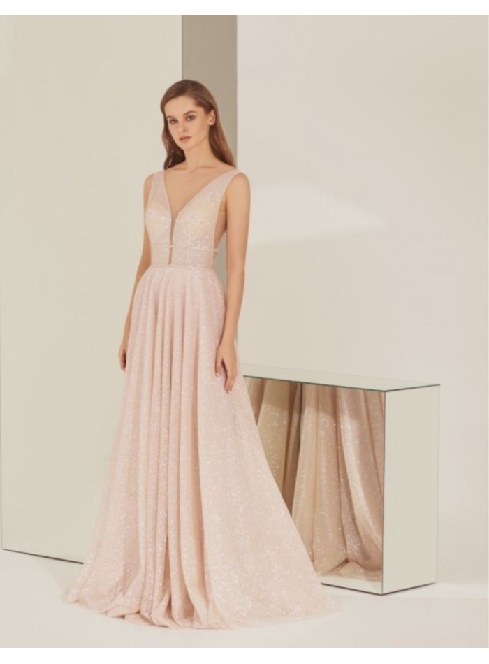 Long party dress with shimmering neckline and...
