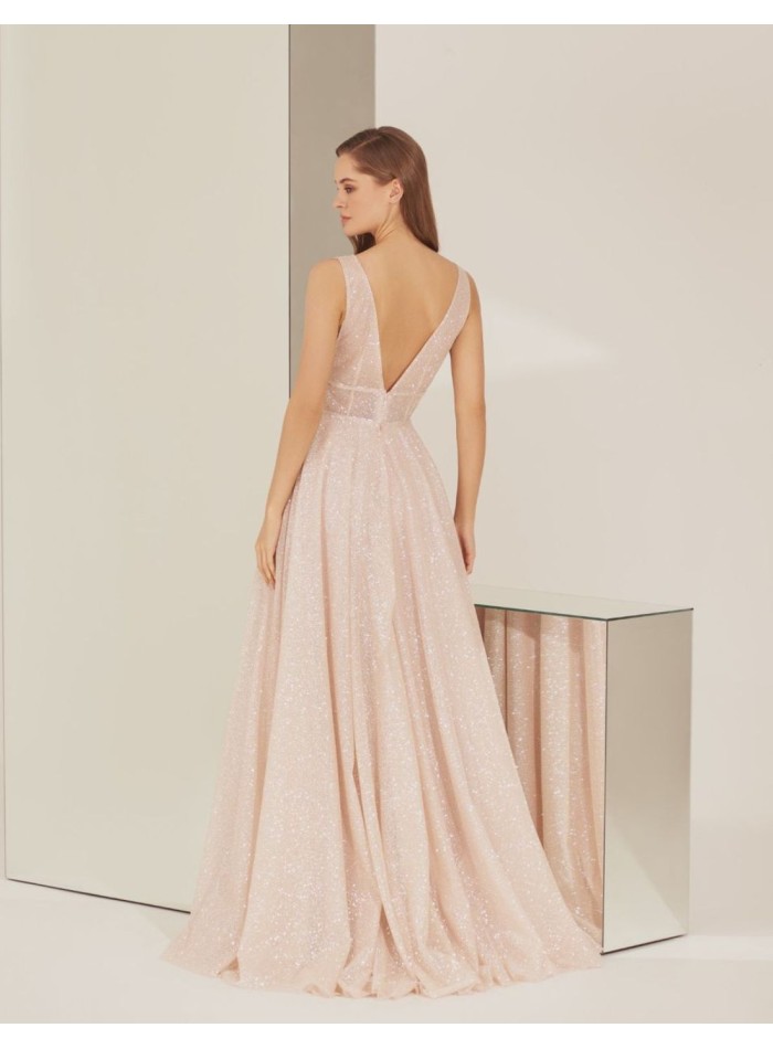Long party dress with shimmering neckline and...