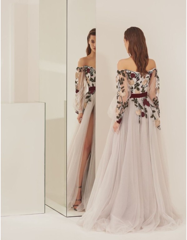 Long party dress bardot neckline with floral applique 2