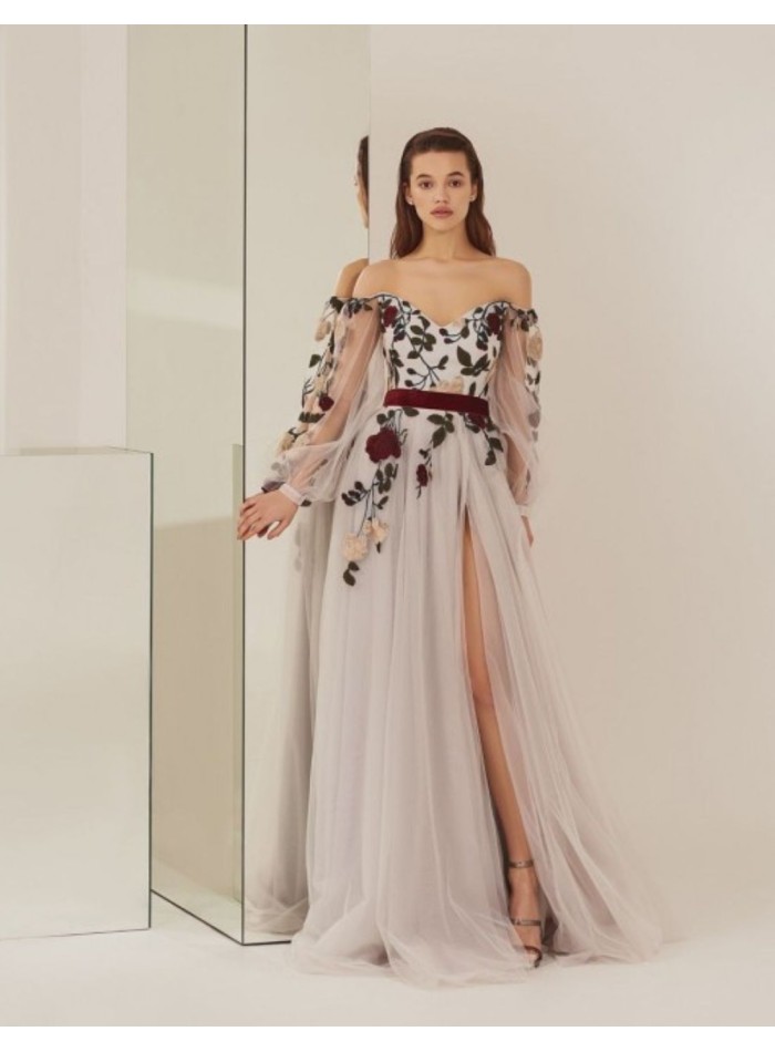 Robe longue de fête à encolure bardot avec...