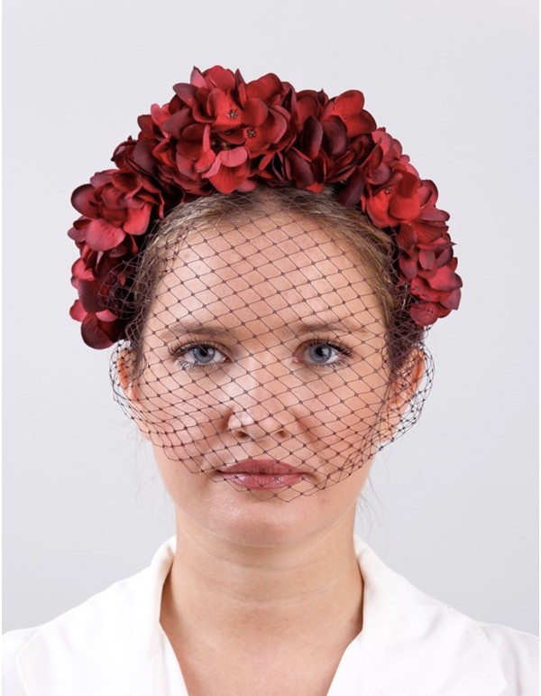 Serre-tête de fête floral dans les tons rougeâtres avec...