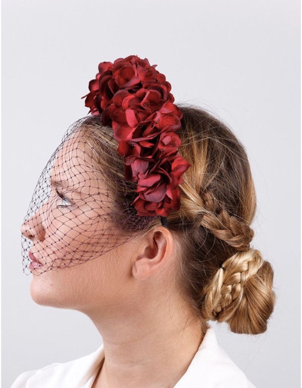 Diadema de fiesta floral en tonos rojizos con rejilla 2