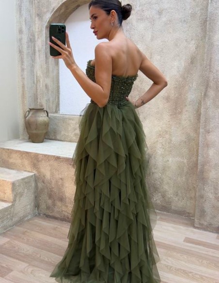 Robe de soirée avec corset en strass et jupe à volants en tulle