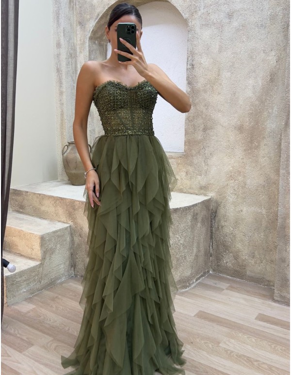 Evening dress with rhinestone corset and tulle ruffle skirt