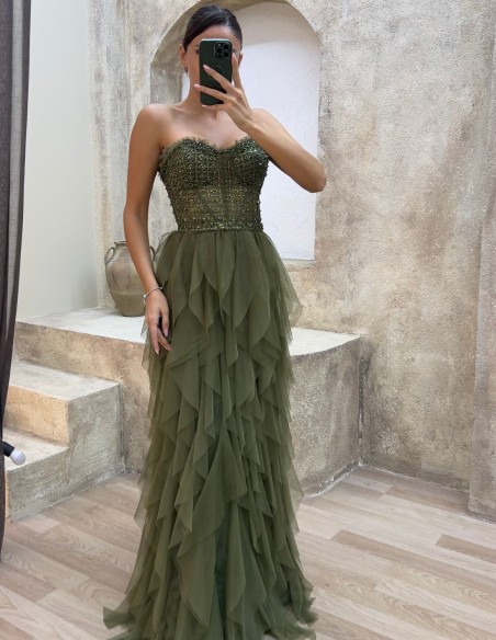 Robe de soirée avec corset en strass et jupe à volants en tulle