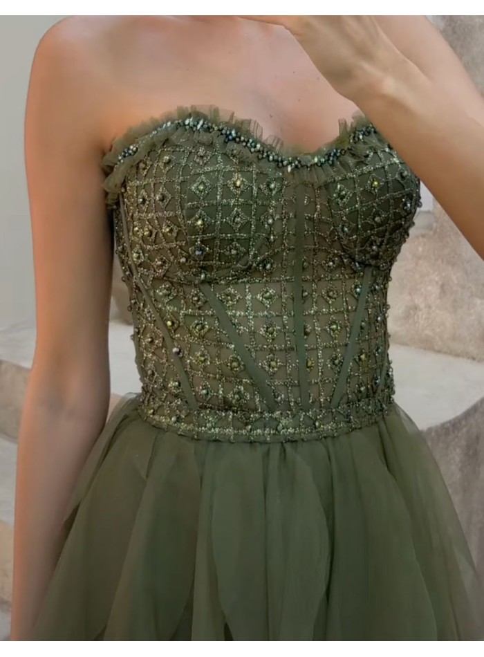 Evening dress with rhinestone corset and tulle...