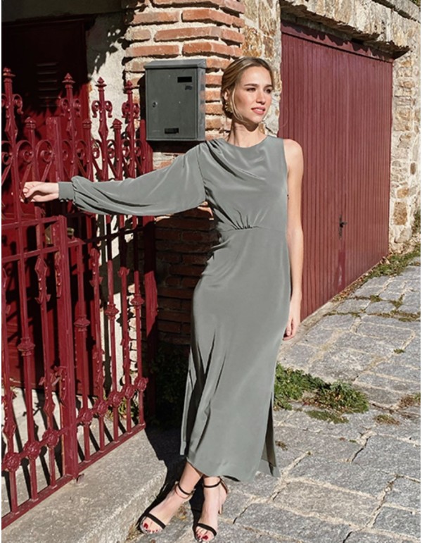 Gray midi party dress with asymmetrical neckline