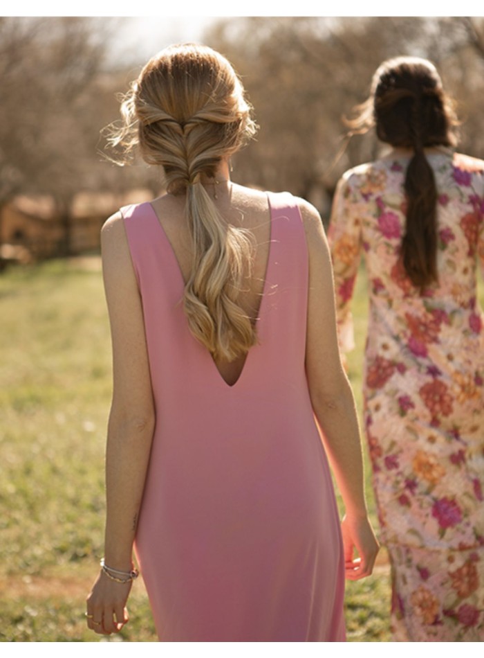 Vestido midi de fiesta satén rosa camelia