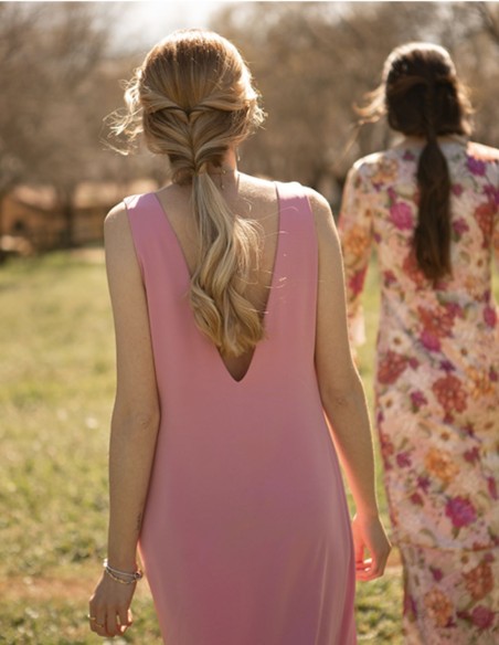 Robe de soirée midi en satin rose Camellia