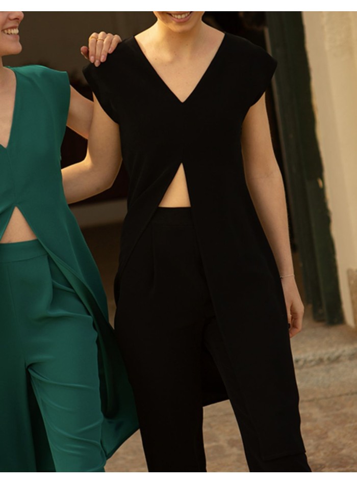 Pantalon midi noir à taille haute avec pinces