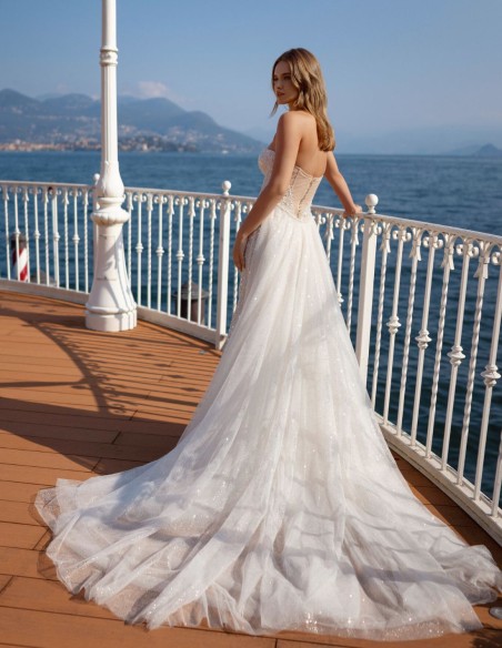 Rhinestone strapless wedding dress with detachable train