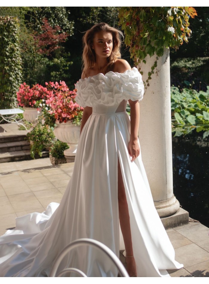 Long wedding dress with floral neckline and...