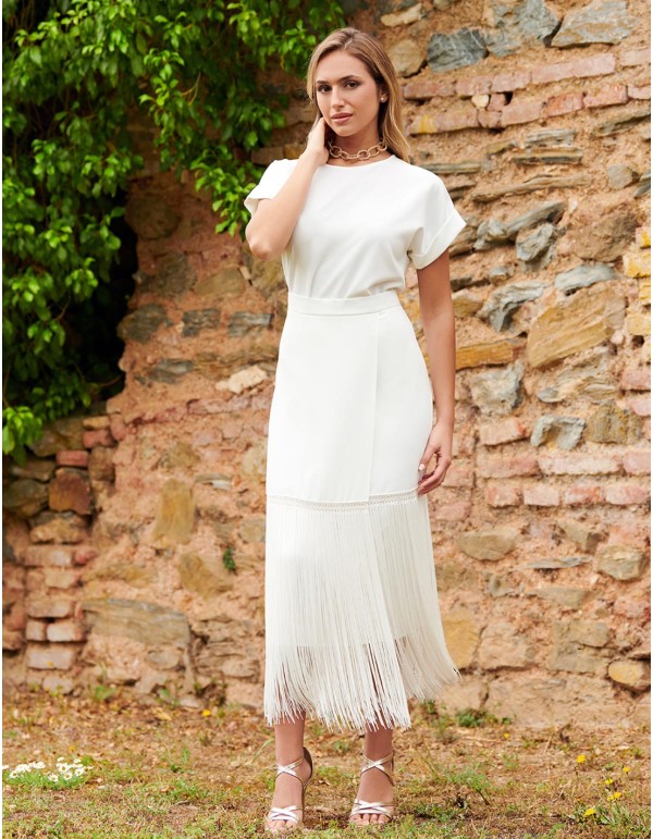 Long high-waist party skirt with fringe detailing
